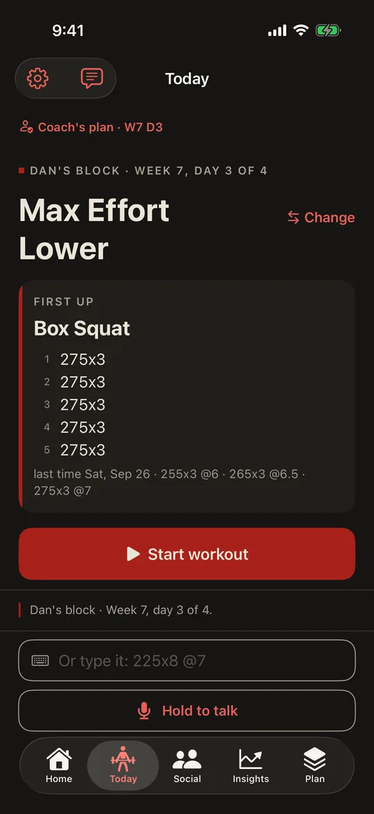A coach's plan in IronStack: Max Effort Lower, Box Squat 5 sets of 275 for 3, and Start workout.