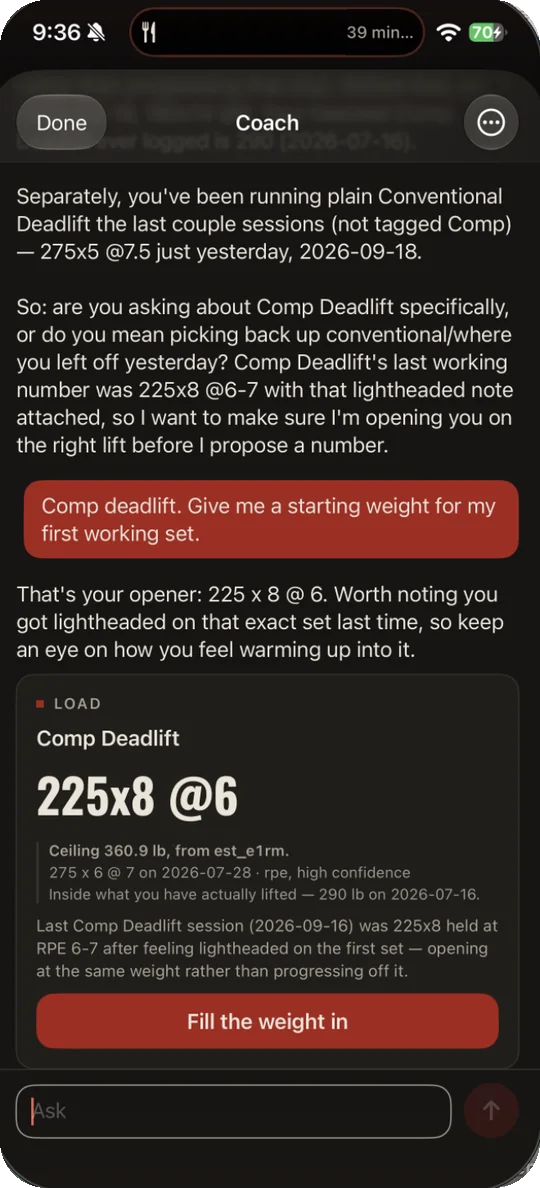 IronStack Coach proposing a Comp Deadlift opener of 225x8 at RPE 6, with the ceiling and the sets it came from, and a Fill the weight in button.