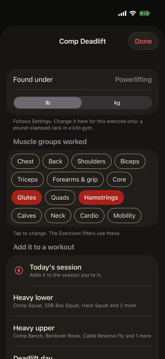 IronStack Comp Deadlift page: the muscle groups it works, and Add it to a workout with Today's session first.
