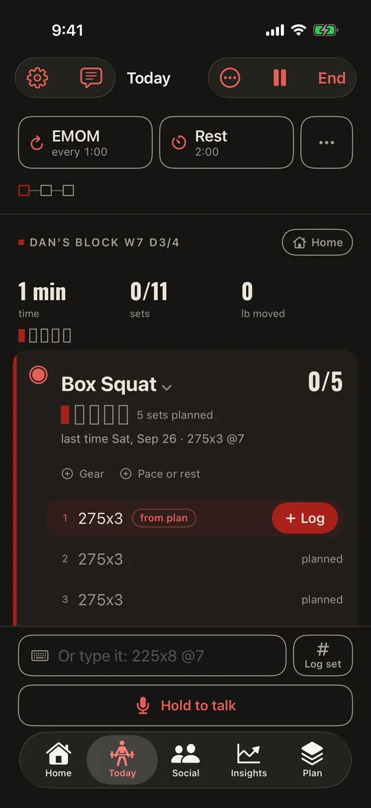 IronStack on iPhone mid-workout on a coach's plan: Box Squat, set 1 of 5, 275 for 3, with Log lit.
