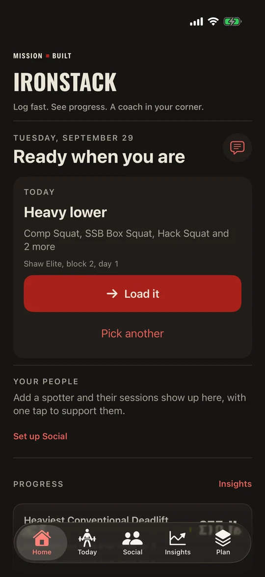 IronStack Home: the Mission Built header, Today with Heavy lower and a Load it button, Your people, and Progress.