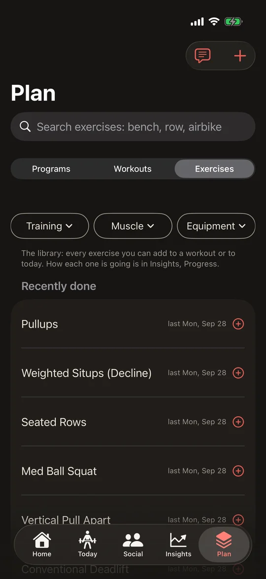 IronStack Plan tab on Exercises: search, Training, Muscle and Equipment filters, and recently done exercises.