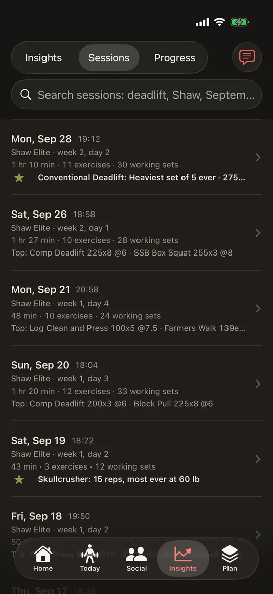 IronStack Sessions: each session with its program day, time, working sets and top sets, and a record called out by name.