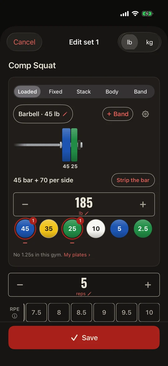 IronStack set sheet for Comp Squat: Loaded, Barbell 45 lb, the bar drawn with its plates, 45 bar + 70 per side, 185 lb for 5, and an RPE row above Save.