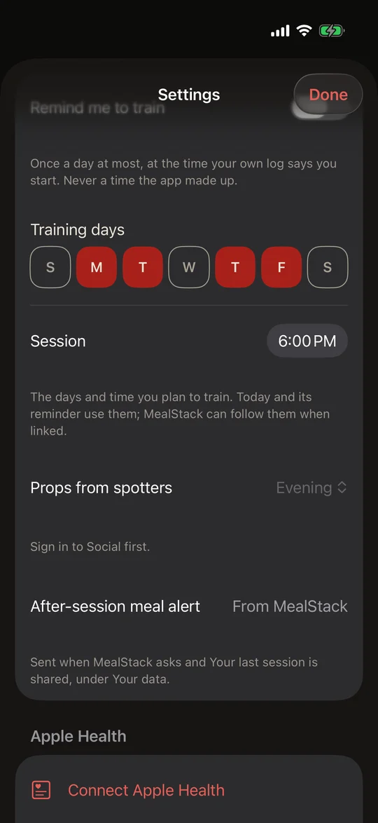 IronStack Settings: training days Monday, Tuesday, Thursday and Friday, and a 6:00 PM session.