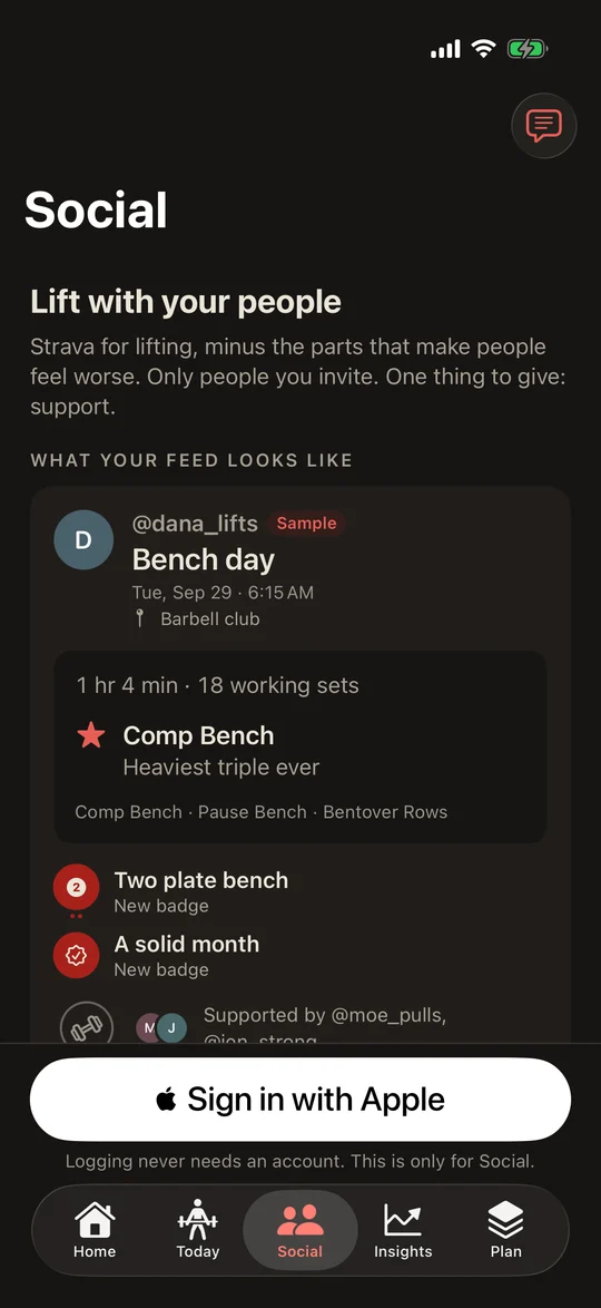 IronStack Social before you sign in: a sample Bench day card with a heaviest triple and two new badges, supported by spotters.