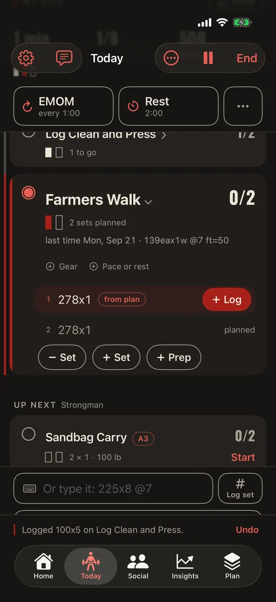 IronStack Today on a Strongman circuit: Log Clean and Press logged, Farmers Walk up next at 278 for 1 from the plan, then Sandbag Carry and Kettlebell Swing.