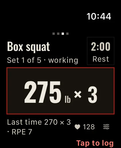 The same set on Apple Watch: Box Squat, 275 lb for 3, Tap to log.