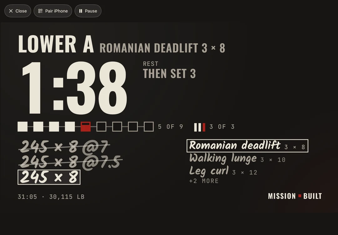 The same workout on the MissionStack board, on iPad: the set, the load and a 1:38 rest clock, big enough to read across the gym.