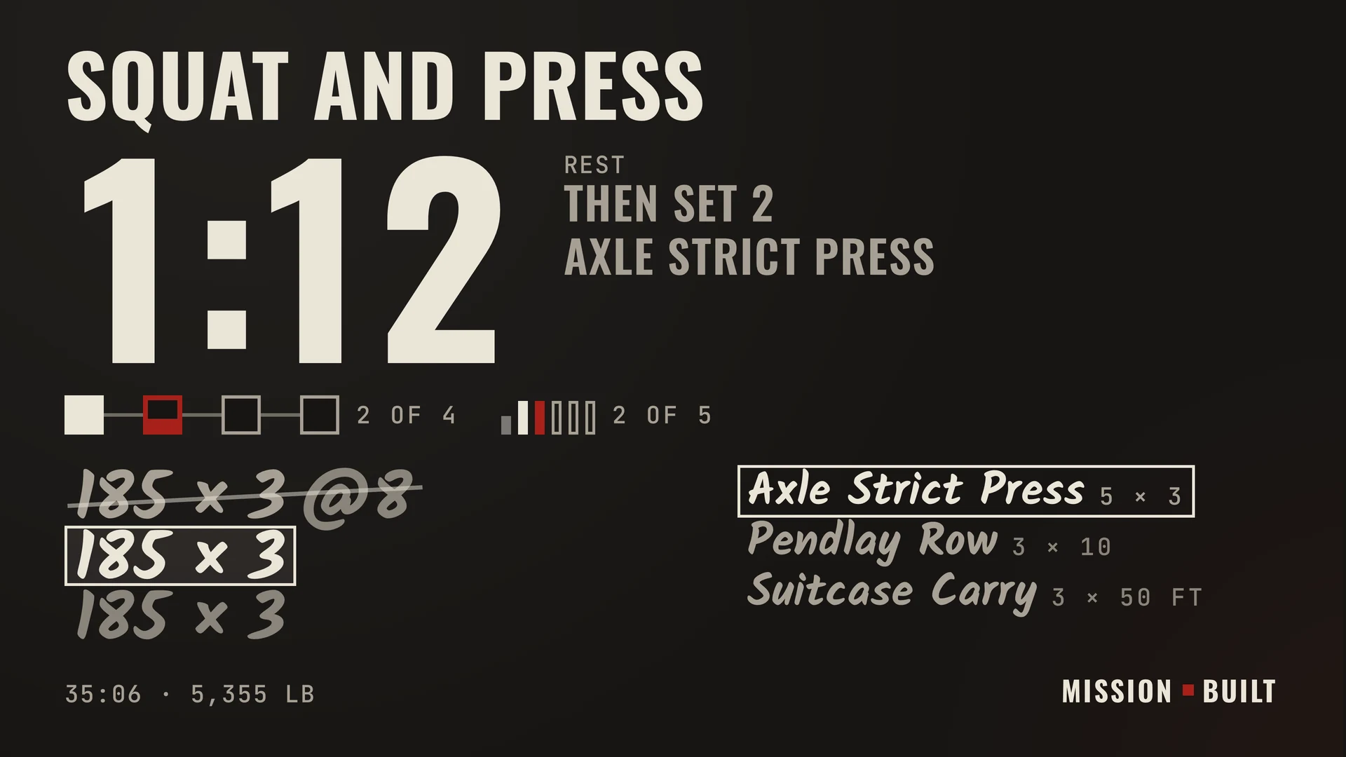 The MissionStack board on an Apple TV mid-workout: Squat and press, Axle strict press, a 1:12 rest clock, then set 2; 185 × 3 at an effort of 8 done; exercise 2 of 4, set 2 of 5.